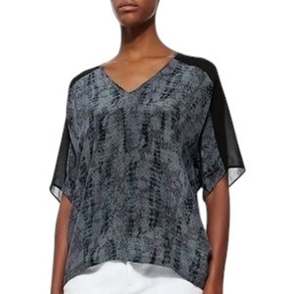 EILEEN FISHER Charcoal Gray/Black Silk Crepe de Chine Short-Sleeve Blouse Size M
